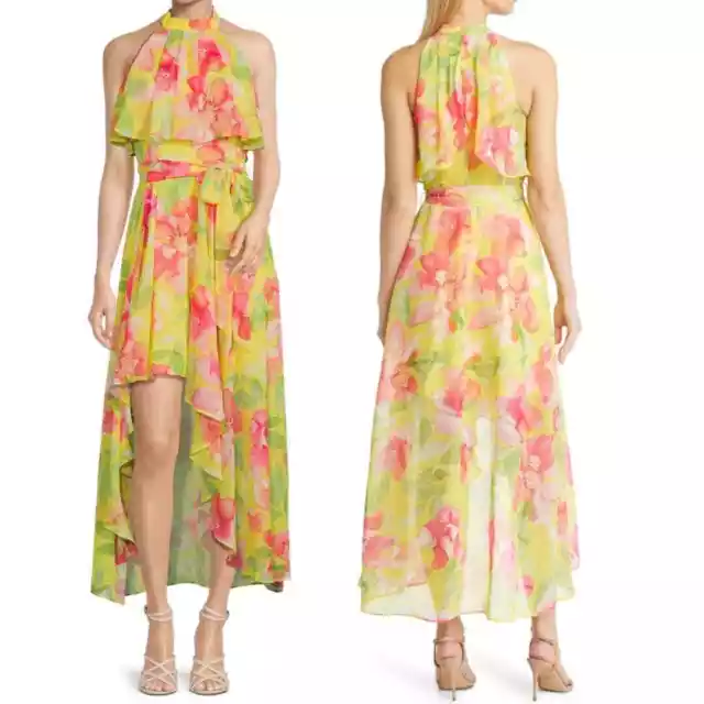 Eliza J Maxi Dress Gown Womens 16 Yellow Pink Floral Halter Sleeveless High Low