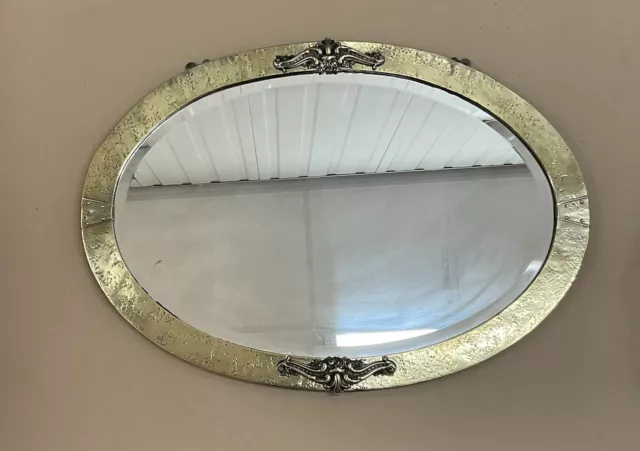 Antique Victorian Arts And Crafts Movement Brass Oval Mirror C1890