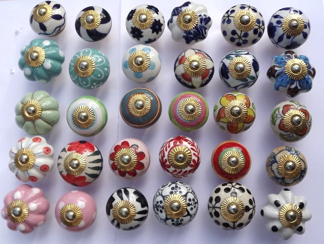 Céramique Porte Poignées Boutons Tiroir Placard Wardrobe Porcelaine Chine Laiton