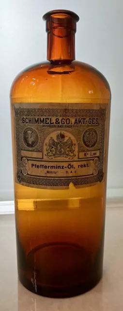 Antike Apothekerflasche Schimmel & Co Leipzig Milnitz Pfefferminzöl - rekt. RAR!