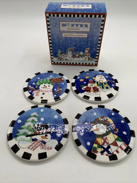Snowman Christmas Round Coasters Set 4 Leslie Beck Ceramic Stoneware Black White