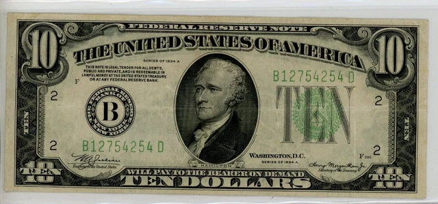 1934A United States $10 Federal Reserve Note Bank of New York FREE SHIP! 4332A