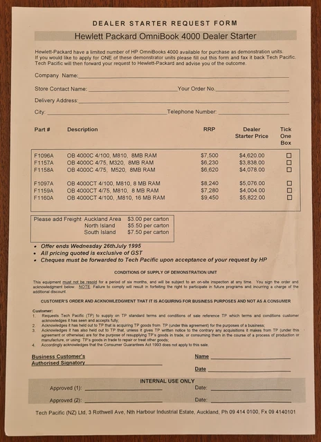 HP Packard OmniBook 4000 Dealer Starter Request Form