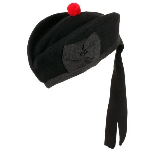 Bonnet Glengarry écossais En Laine - Noir Avec Pompon Rouge Toorie - Taille Au Choix (55 à 64 Cm) - Traditionnel Et Chaud