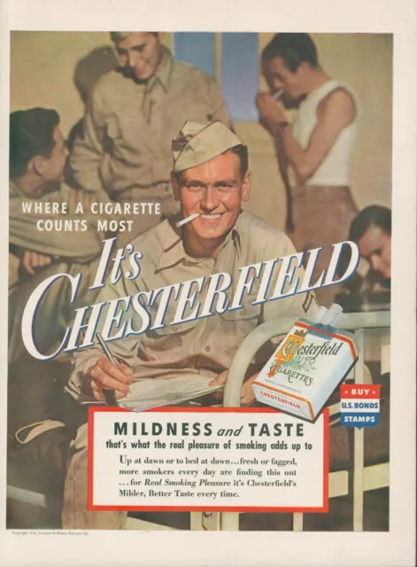 1943 WWII Chesterfield Soldier Army Uniform Barracks Buy War Bonds Print Ad L38