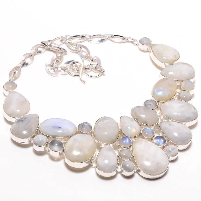 Rainbow Moonstone Gemstone Jewelry 925 Sterling Silver Chain Necklace For Women