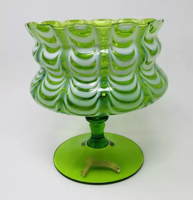Vintage Empoli Draped Glass Compote Green Lavorazione a Mano Pedestal 7 3/4"