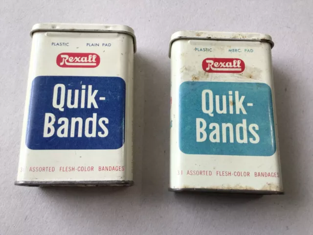 2- Vintage Rexall Quik-Bands Tin Metal Boxes Merc. Pad Plain Pad Medical