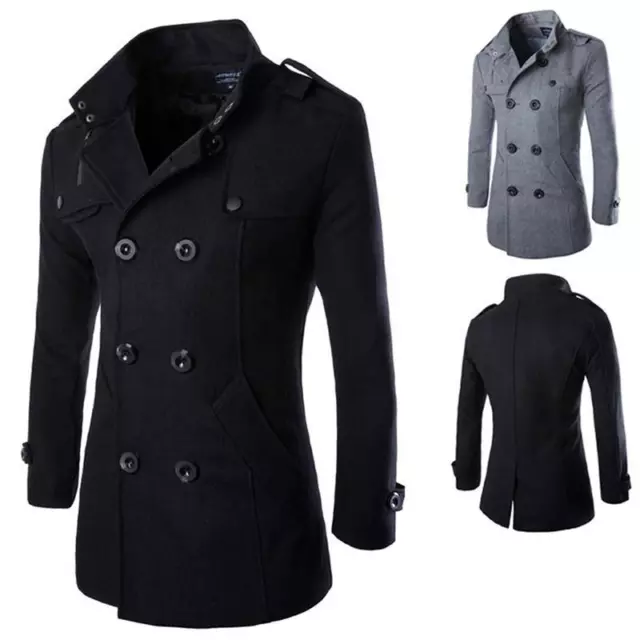 Winter Stylish Men's Trench Coat Warm Slim Long Jacket Double Breasted Overcoat