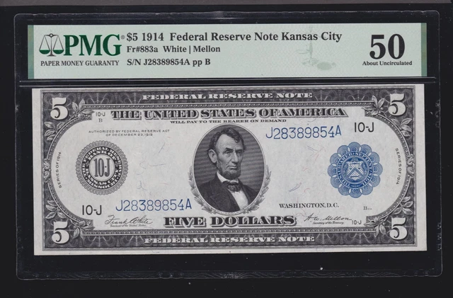 US 1914 $5 FRN Kansas City FR 883a White/Mellon PMG 50 AU (854)