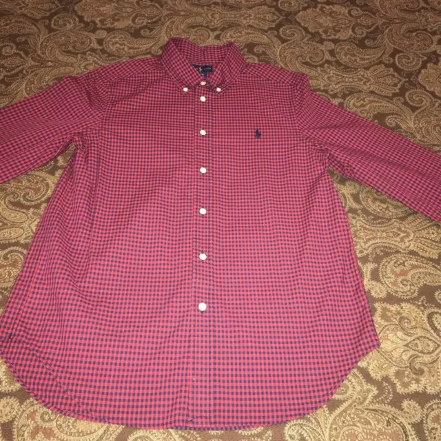 Boys Polo Ralph Lauren Red/ Blue Plaid Cotton Poplin Shirt Size L (14-16)