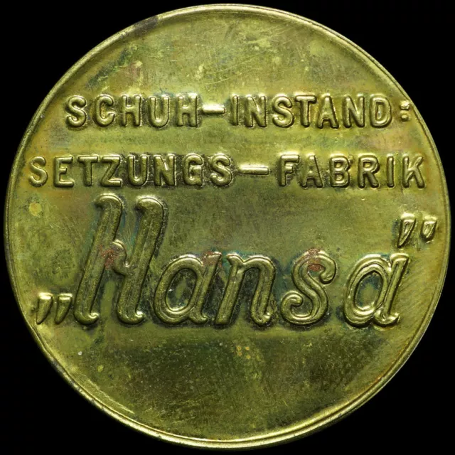 BRIEFMARKENKAPSELGELD: 20 Pfennig. SCHUH-INSTANDSETZUNGS-FABRIK HANSA FRANKFURT.