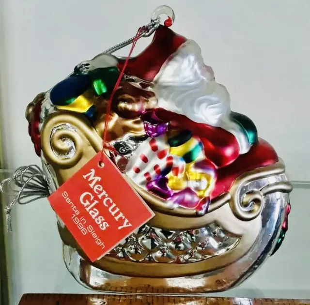 Dept 56 Santa in Sleigh Mercury Glass Christmas Ornament—Hand-painted—Oversized