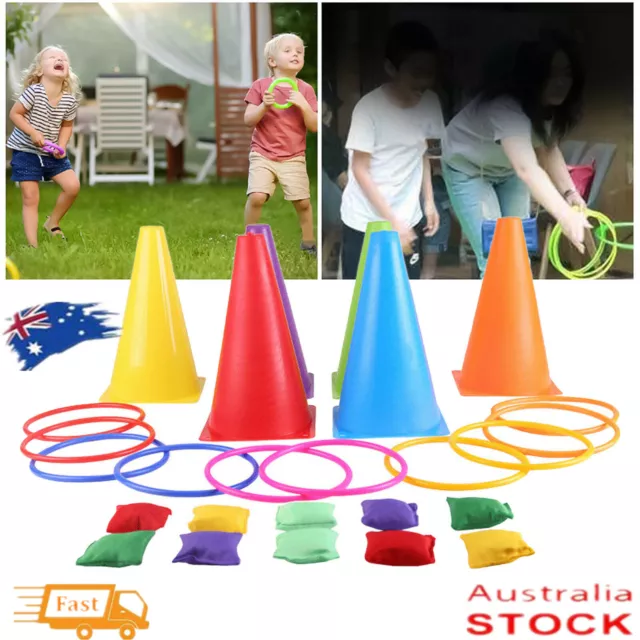 3 In 1 Ring Toss Game Cone Bean Bags Throw Hoop Kids Adults Outdoor Yard Set