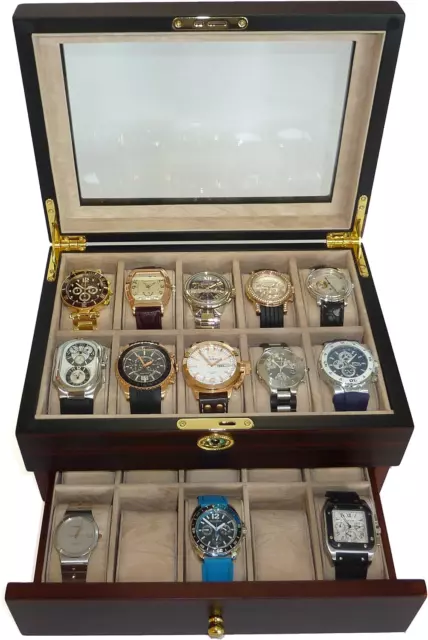 20 Piece Ebony Walnut Wood Men'S Watch Box Display Case Collection Jewelry Box S