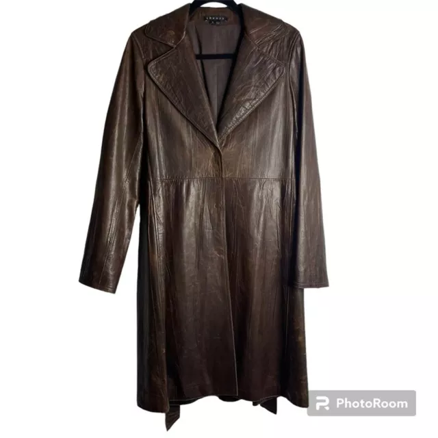 Theory Brown Leather Long Trench Coat Size Large