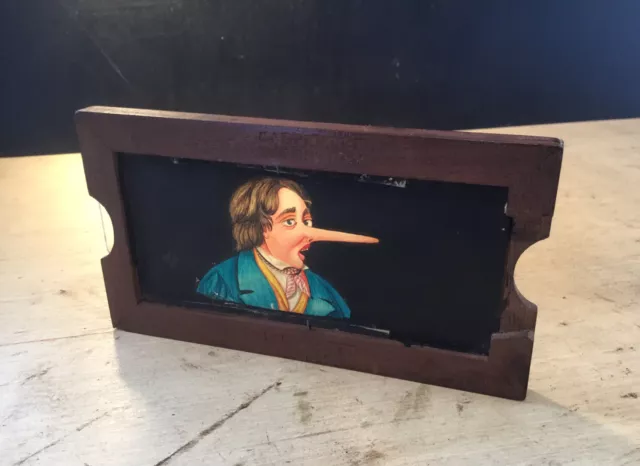 Victorian Hand Painted Magic Lantern Slide “ Growing Nose “ Missing Panel