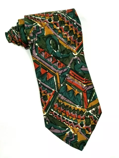 Saks Fifth Avenue Necktie Silk Tie Abstract Green Red Brown 57"x4"