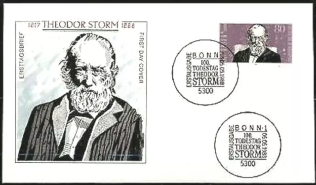 BRD 1988: Theodor Storm! FDC der Nr. 1371 mit den Bonner Sonderstempeln! 1907