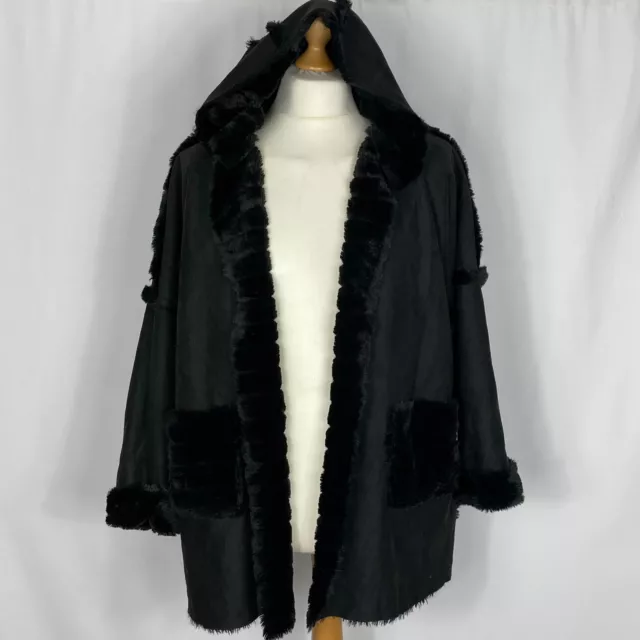 Luxury ladies oversized black faux suede coat & faux fur ONE SIZE Made in Italy