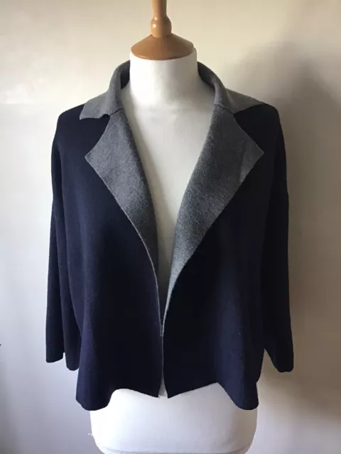 Hobbs Navy Blue & Grey Wool Blend Open Front Collared Cardigan Jacket Size Xs/ S