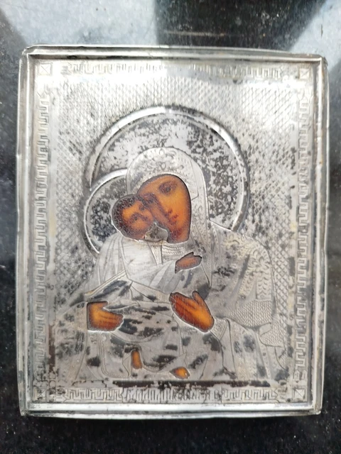 VIERGE A ENFANT ICÔNE RUSSE ARGENT MASSIF 84 RELIGIEUX ICON