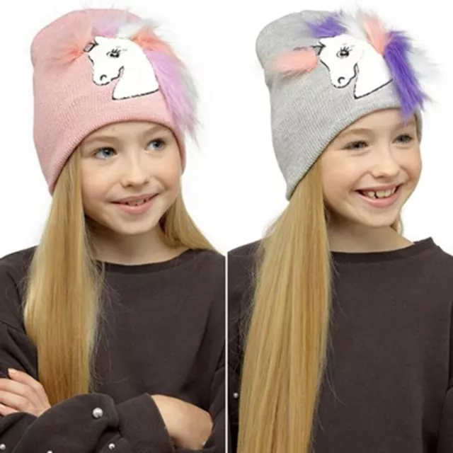 New Girls Unicorn Faux Fur Sparkle Knitted Warm Winter Beanie Hat Age 3-8 Years