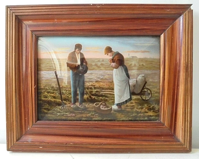 TABLEAU 19ÈME ANGELUS de MILLET peinture sur porcelaine ou verre bombé