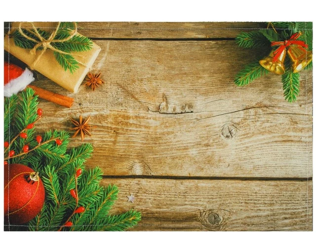Tischsets Stoff CLOTH waschbar Geschenk Kugeln Gewürze Holz Weihnachten