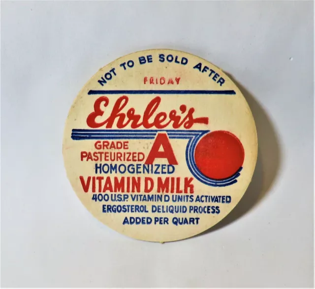 Vintage Ehrler's Grade A Pasteurized Homogenized Vitamin D Milk Large 2.25" Cap