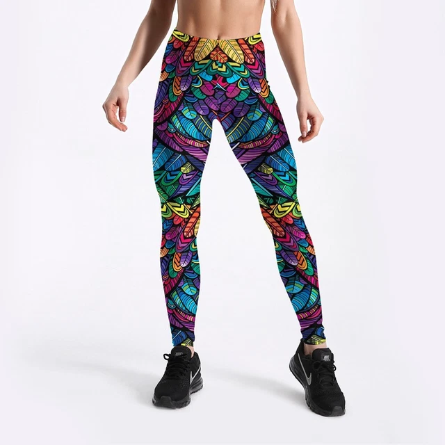 Women Girls Leggings Sports Yoga Pants Digital 3D Print Colourful Feathers