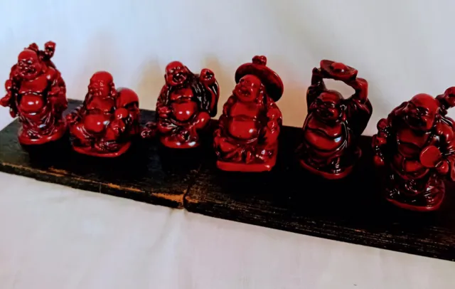 Buddha Figurines Set of 6 Small Resin Red Asian Feng Shui Luck Laughing