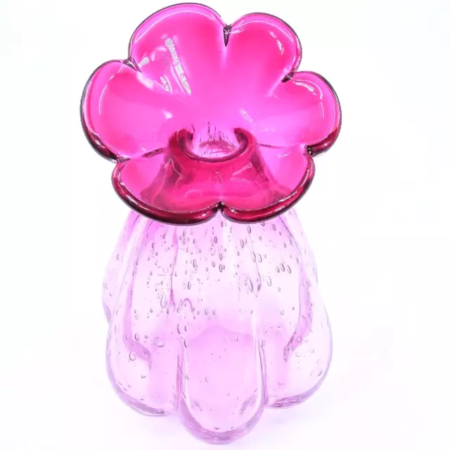 Global Amici Hand Blown Pink Flower Bubble Art Glass Vase Murano Style 8" Tall