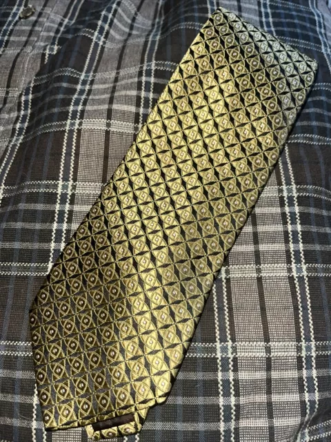 Dormeuil Paris  Silk Tie Gold Black Geometric Pattern Made In France Hand Made