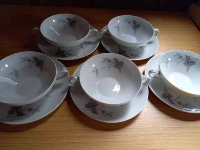 5 x Vintage KPM Krister bone china handled soup bowls & plates, Made in Germany