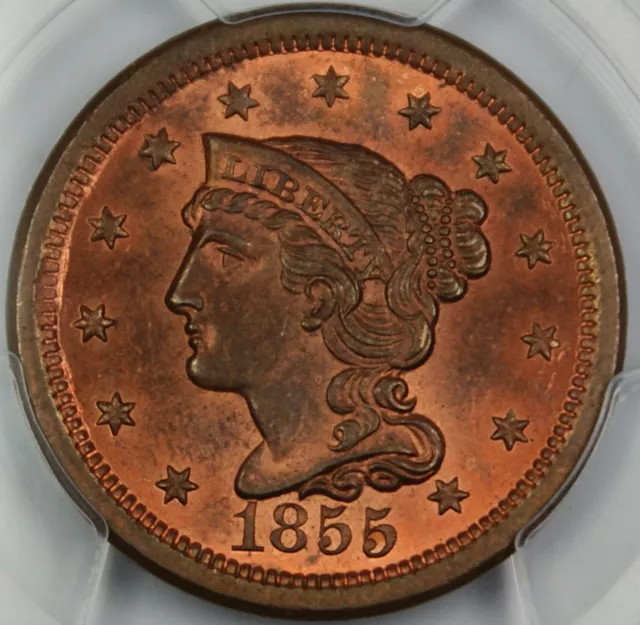 1855 Braided Hair Large Cent 1c, PCGS MS-64 RB Upright 55 *Mostly Red*