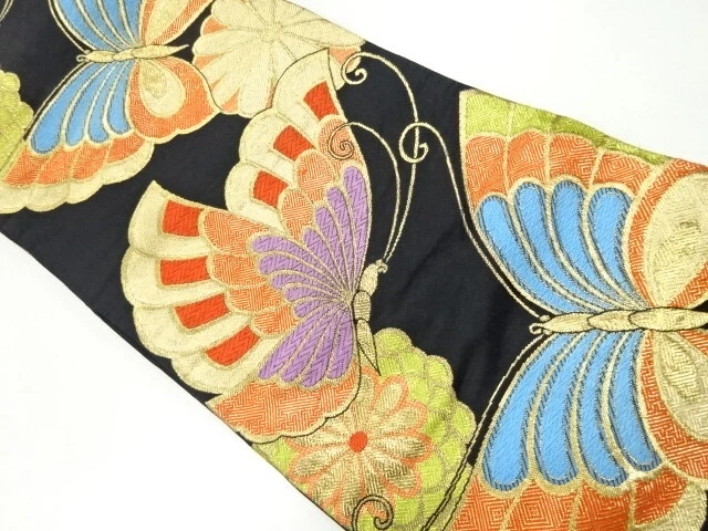 45243# Japanese Kimono / Antique Fukuro Obi / Woven Butterfly With Kiku