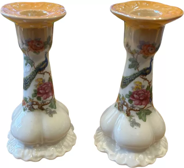 Vintage Victoria China Czechoslovakia Pair Candle Sticks Holders, peacock 13cm