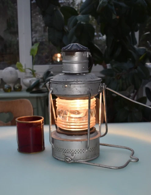 Antike Schiffslampe groß, weißes o. rotes Licht, elektrisch, silber, H: 44cm