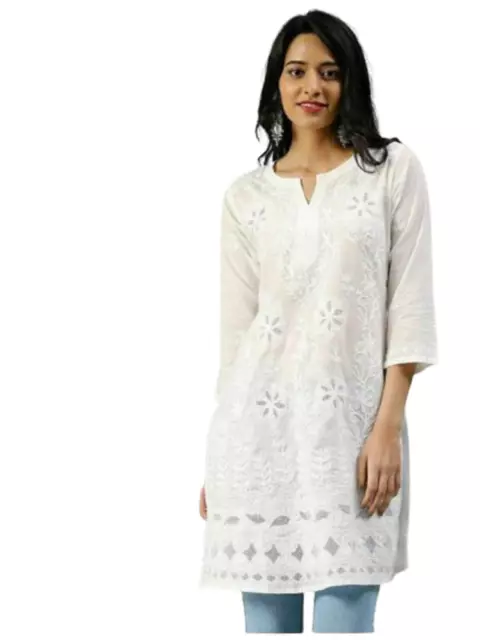 Ladies Top with Embroidery Women Summer ShirtDress White Chikankari Cotton Kurti