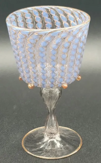 Toso Murano Venetian Glass Goblets Blue Ribbon Gold Stardust Rare Art Glass Old