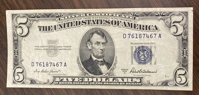 1953 A  Five  Dollar Bill Silver Certificate   VF+