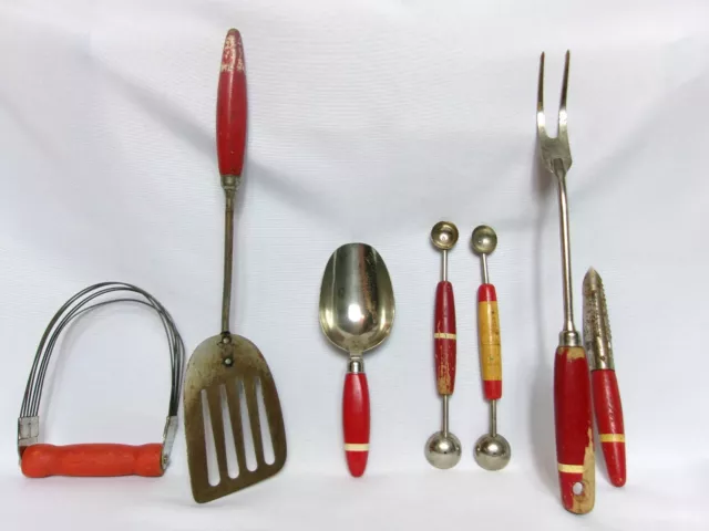 Lot/7- Vintage Red Wooden Handled Hand Kitchen Utensils -Baller, Peeler, Scoop,