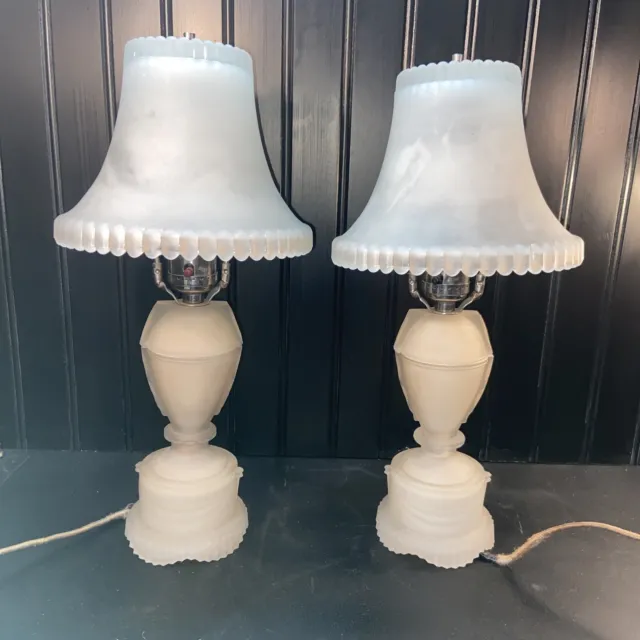 Vtg PAIR 20-30’s Art Deco White Frosted Glass Boudoir Table Lamps