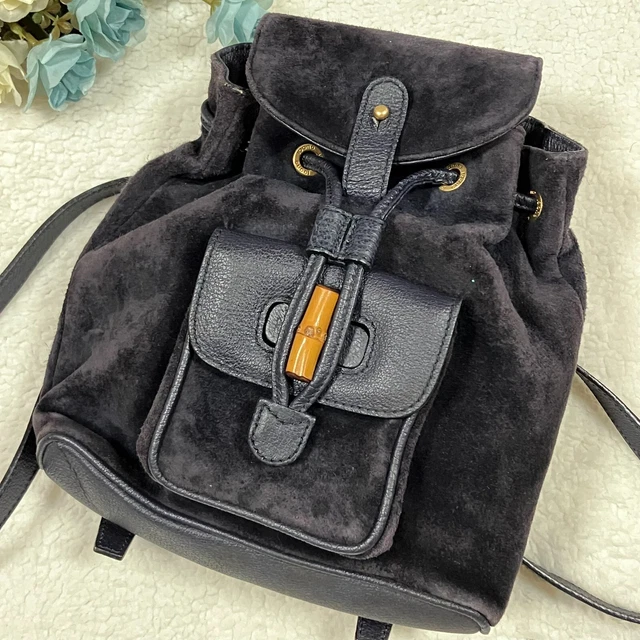 GUCCI Logos Bamboo Mini Backpack Bag Suede Leather Gold Black made in Italy
