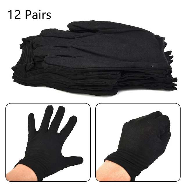 12Pairs Black Cotton Gloves Protect Damaged Skin Jewelry UK Large Comfort Parts