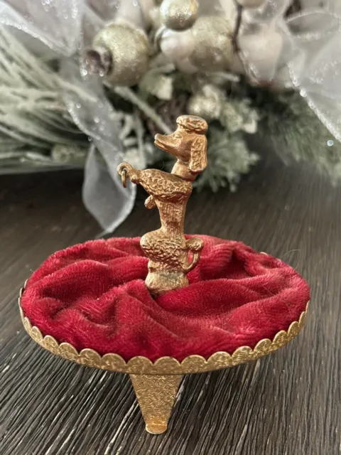 Vintage Red Velvet Pin Cushion Gold Tone Poodle & Base Great Sewing Collectible
