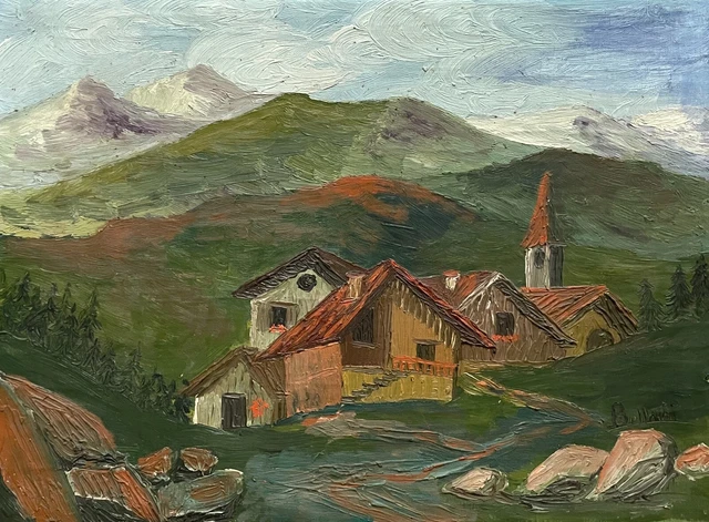 Tableau Ancien Signé XXe - Huile Sur Toile 'Village De Montagne' - Paysage 33x46 Cm