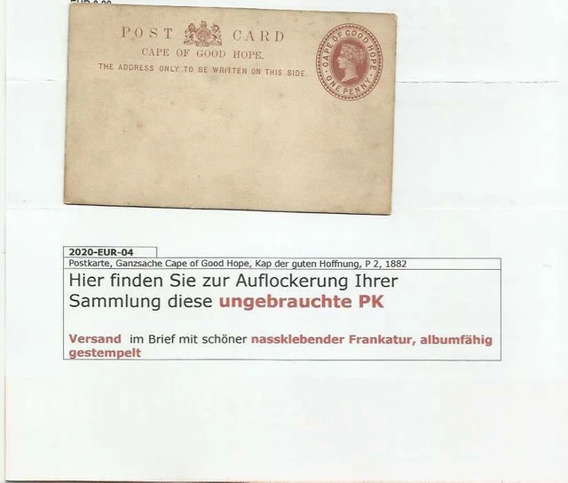 Postkarte, Ganzsache Cape of Good Hope, Kap der guten Hoffnung, P 2, 1882 postfr