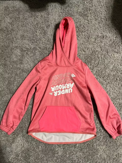 Under Armour Girls Fleece Hoodie Pocket Pink White Flip Word Print Youth Small